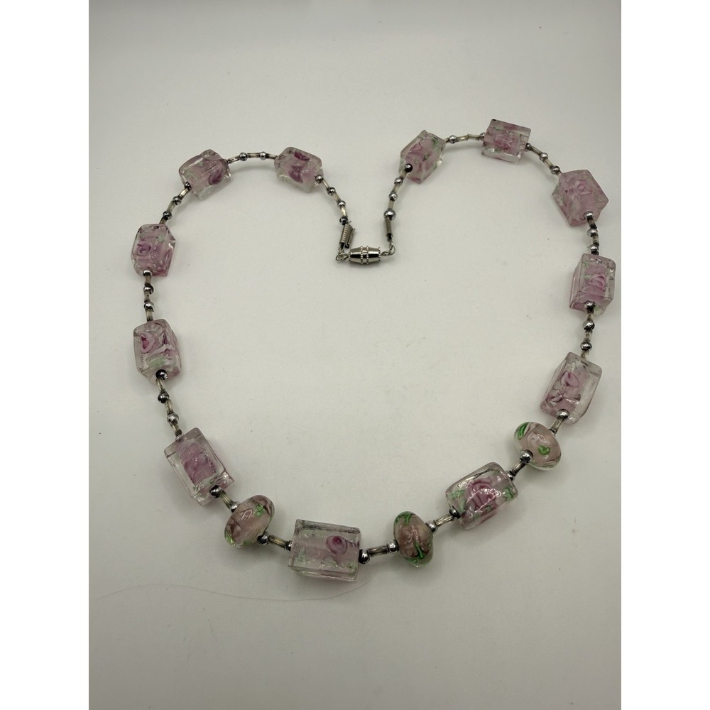 Vintage Artisan Glass Beaded Necklace Pink Flowers Cottagecore Silver Tone 18"